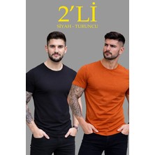 Erkek 2'li Bisiklet Yaka Tişört - Kısa Kollu Yazlık Slim Fit Body - Siyah & Turuncu