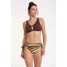 Argento Kadın Kahve Desenli Sabit Kaplı Ayarlanabilir Askılı Yüksek Bel Yanı Ayarlanabilir Bikini Takımı
