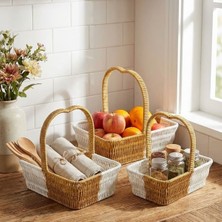 TeknoKapsül Uravas Store® Iç Içe Geçebilen 3’lü Çift Renkli Dikdörtgen Formlu Kalp Saplı Plastik Rattan Sepet S