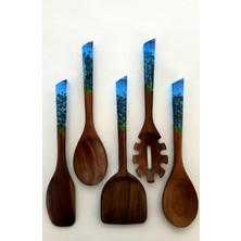 Lotusspoon Gece Mavisi Serisi Premium El Yapımı Akasya Ağacı 5 Parça Pişirme, Servis, Kaşık ve Spatula Seti