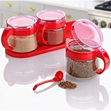 TeknoKapsül Uravas Store® Kırmızı 3lü Standlı Kapaklı Kaşıklı Cam Hava Sızdırmaz Baharatlık Takımı KC-386
