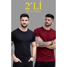 Erkek 2'li Bisiklet Yaka Tişört - Kısa Kollu Yazlık Slim Fit Body - Siyah & Bordo