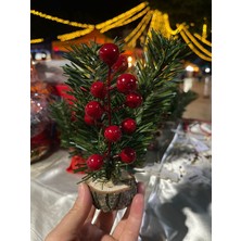 No Name Doğal Ahşap Tabanlı Mini Yılbaşı Dekoru – Kırmızı Meyveli Çam Masa Süsü