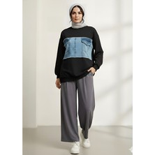 Moda Morfo Yuvarlak Yaka Önü Kot Cep Detaylı Sweat -Siyah