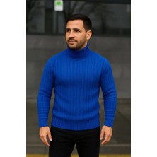 Etiler Collection Erkek Balıkcı Yaka Bağazlı Triko Kazak Pamuklu Kalın Fitilli Dokuma, Regular Fit Uzun Kollu Kışlık Model - Saks Mavisi