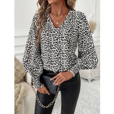 Etiler Collection Kadın Uzun Kollu V Yaka Kollar Gipe Detaylı Leopar Desenli Süprem Bluz