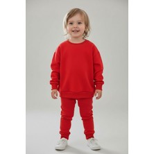 Evavi Kız Çocuk Baskısız Düz Bisiklet Yaka Kırmızı Sweatshirt ve Cepli Eşofman Altı Takımı