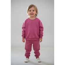 Evavi Kız Çocuk Baskısız Düz Bisiklet Yaka Pembe Sweatshirt ve Cepli Eşofman Altı Takımı
