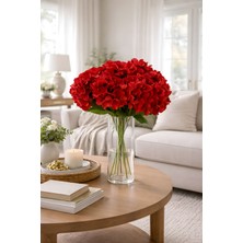 1 Adet 5 Dallı Yapay Lüks Kırmızı Ortanca – Dekoratif Çiçek, Salon Ofis Balkon Vazo Dekoru, 45 cm