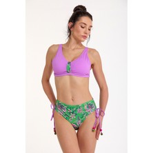 Argento Kadın Yeşil Çiçekli Sabit Kaplı Ayarlanabilir Askılı Yüksek Bel Yanı Ayarlanabilir Bikini Takımı