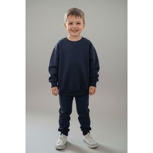 Evavi Erkek Çocuk Baskısız Düz Bisiklet Yaka Lacivert Sweatshirt ve Cepli Eşofman Altı Takımı
