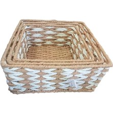 EkoAlışverişDünyam Kare Örgü Desenli Doğal Hasır Sepet Seti - 3'lü