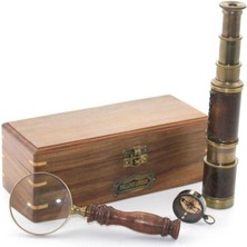 EkoAlışverişDünyam Ahşap Kutu Pirinç Pusula, Dürbün, Büyüteç, Seti Model 2