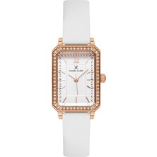 Daniel Klein DKE.1.13971.5 Beyaz Rose Taşlı Dikdörtgen Deri Kordonlu Vintage Kadın Kol Saati