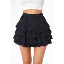 Etiler Collection Siyah Katlı Mini Fırfıtlı Etek Lastikli Yüksel Bel, Volanlı Tasarım, Rahat Kalıp, Günlük ve Şık Kombinelere Uygun Yazlık Etek - Siyah