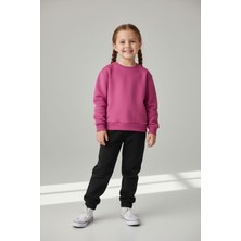 Evavi Kız Çocuk Baskısız 2 Renk Bisiklet Yaka Pembe Sweatshirt ve Siyah Eşofman Altı Takımı