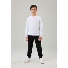 Evavi Erkek Çocuk Baskısız 2 Renk Bisiklet Yaka Beyaz Sweatshirt ve Siyah Eşofman Altı Takımı