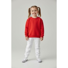 Evavi Kız Çocuk Baskısız 2 Renk Bisiklet Yaka Kırmızı Sweatshirt ve Beyaz Eşofman Altı Takımı