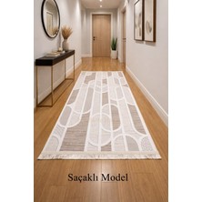 NarStore Home Kaymaz Taban Saçaklı Krem Bej Modern Geometrik Yıkanabilir Koridor Salon Mutfak Yolluk Halı