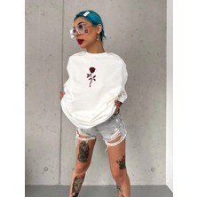 Giyim Center Kadın Bisiklet Yaka Baskılı Oversize Kısa Kol  T-Shirt - Beyaz
