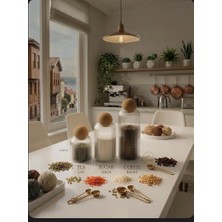 Hüco Bazaar 3'lü Şık Yuvarlak Mantar Kapak Bakliyatlık Baharatlık Sürahi Kavanoz Seti