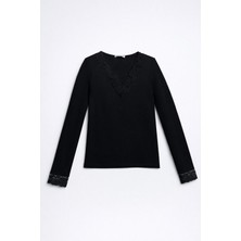 Rosa By Belle Kadın Siyah Bluz V Yaka Dantelli Uzun Kollu Şık Basic Üst 17353