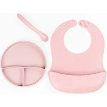 EkoAlışverişDünyam Pembe 3’lü Silikon Yemek Seti – Önlük + Diş Kaşıyıcılı Kaşık + Vakumlu Tabak
