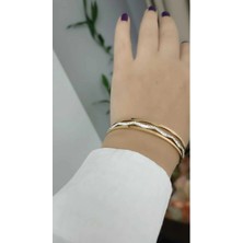 Çelik Kararma Yapmaz Gold Özel Tasarım 2 Adet Taşlı Zigzag Bilezik