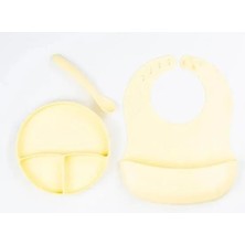 EkoAlışverişDünyam Sarı 3’lü Silikon Yemek Seti – Önlük + Diş Kaşıyıcılı Kaşık + Vakumlu Tabak