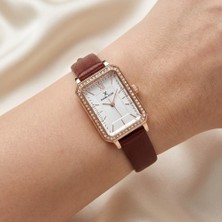 Daniel Klein DKE.1.13971.6 Bordo Deri Kordonlu Taşlı Dikdörtgen Vintage Kadın Kol Saati