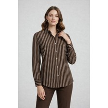Rosa By Belle Kadın Kahverengi Çizgili Gömlek Uzun Kollu Düğmeli Klasik Yaka 17344