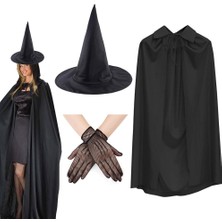 Azrlya 120 cm Siyah Yakalı Cadı Pelerini Cadı Şapkası ve 1 Çift Siyah Kısa File Tüm Eldiven Seti 3 Parça