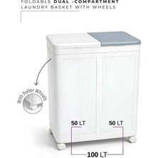 100 Litre Kapasiteli Tekerlekli Katlanabilir Çift Bölmeli Çamaşır Sepeti Plastik Beyaz-Gri