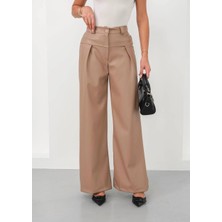 Elma Shop Deri Geniş Paça Beli Lastikli Pantolon Bej H263644