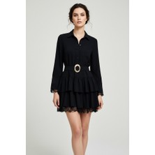 Rosa By Belle Kadın Siyah Kemerli Volanlı Dantel Detaylı Mini Elbise 35518