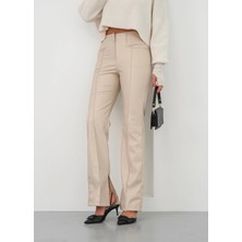 Virtustore Ispanyol Yırtmaçlı Paça Deri Pantolon Bej Hn