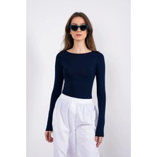 Elma Shop Kayık Yaka Uzun Kollu Bluz Lacivert Pt