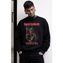 Fuddy Moda Unisex Oversize Iron Maiden Senjutsu Baskılı Bisiklet Yaka Kapüşonsuz Sweatshirt