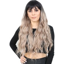 Virtustore Perçemli Uzun Su Dalgası Fiber Sen Peruk/ Siyah / Küllü Bebek Sarı Ombreli