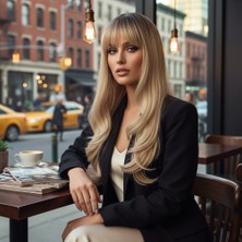 Virtustore Doğal Dalgalı Perçemli Fiber Sen Uzun Boy Peruk / Kumral / Platin Ombre ve Röfleli