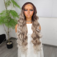 Virtustore Rus Kumralı Beyaz Platin Ombreli Işıltılı Ekstra Uzun Fiber Sen Dalgalı Tül Peruk