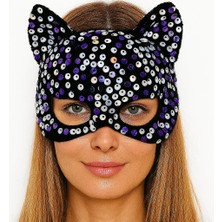 Colezium Siyah Kadife Kumaş Üzerine Mor Beyaz Payetli Pullu Parti Maskesi 16X14 cm