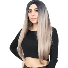 Virtustore Fiber Sen Uzun Düz Peruk / Siyah / Küllü Bebek Sarı Ombreli