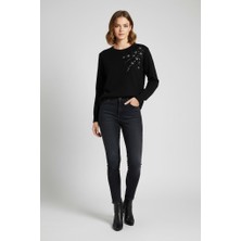 Rosa By Belle Kadın Siyah Taş Detaylı Bisiklet Yaka Uzun Kollu Kazak 26566