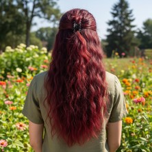 Virtustore Fiber Sen Kabarık Dalgalı Yarım Ay + 2 Yan Çıt Çıt / Koyu Kızıl