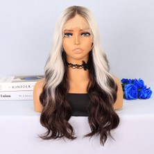 Virtustore Kumral / Beyaz Platin Ombre Uçlar Kahverengi Su Dalgalı Tül Peruk