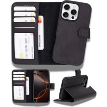 Epilons Iphone 16 Pro Uyumlu, Hakiki Deri, El Yapımı, Cüzdanlı Kılıf, Mat Siyah