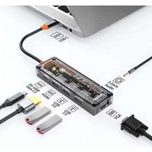Epilons Ally 6ın1 Type-C To Usb3.0 + Usb2.0 + Type-C Pd 100W + HDMI + VGA + 3.5mm Çoğaltıc Transparanı Hub