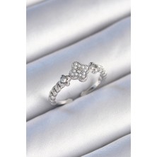 Pirinç Gümüş Renk Incili Yonca Model Zirkon Taş Detaylı Kadın Yüzük