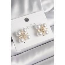 Pirinç Gold Renk Zirkon Taşlı Incili Kadın Küpe